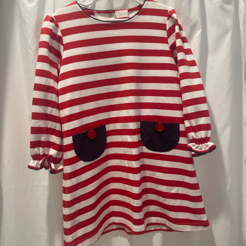 Red and White Striped Dress with navy trim.